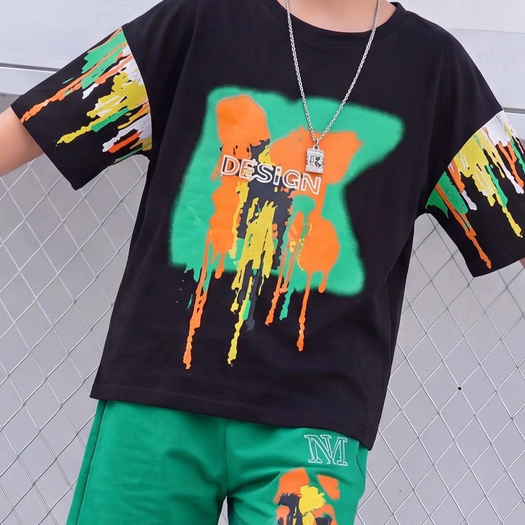 Boys Black Paint Splatter Short Sleeve T-Shirt With Shorts Sets 2 pc. Sets