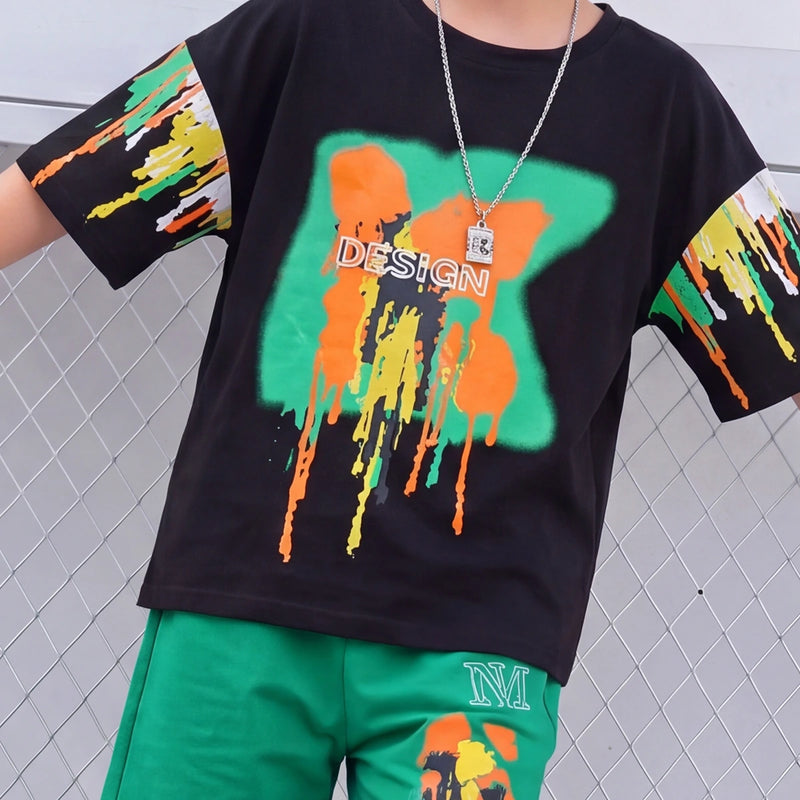 Boys Black Paint Splatter Short Sleeve T-Shirt With Shorts Sets 2 pc. Sets
