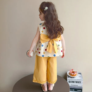 Girls Yellow Polka Dot Printed Top With Elasticated Pants Set Sets