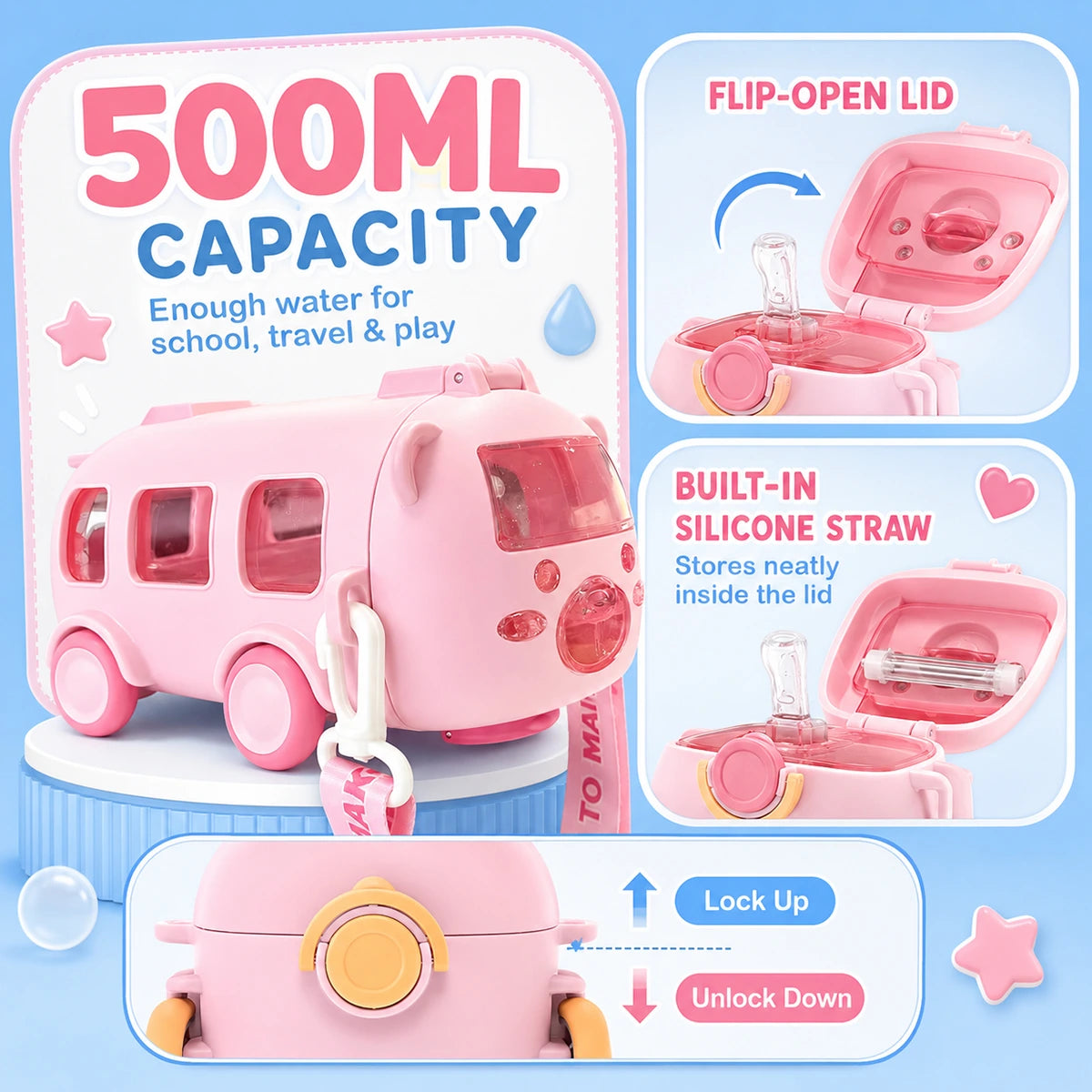 INCLUD Cute Bear Bus Water Bottle for Kids with Straw & Carry Strap Trending Accessories