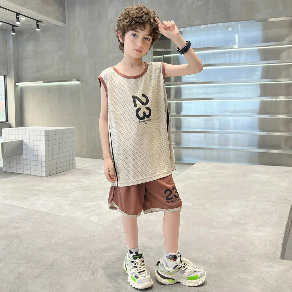 Boys Brown Number Print Vest With Shorts Sets Sets Brown 5-6 Y