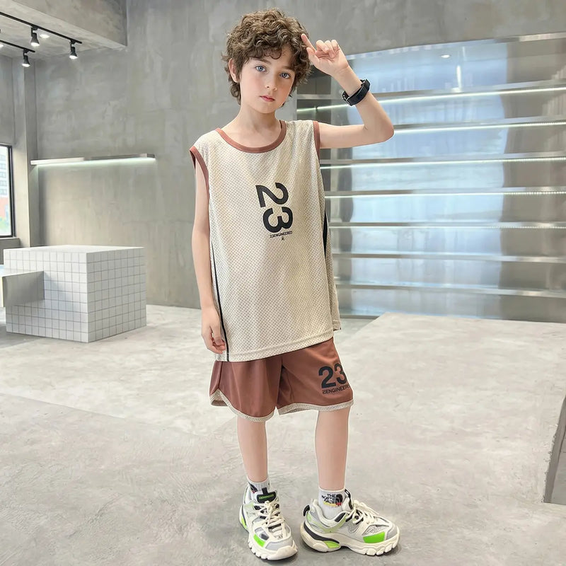 Boys Brown Number Print Vest With Shorts Sets Sets Brown 5-6 Y