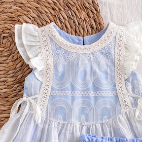 Girls Light Blue Flutter Sleeve Self-Design Top With Shorts Sets 2 pc. Sets