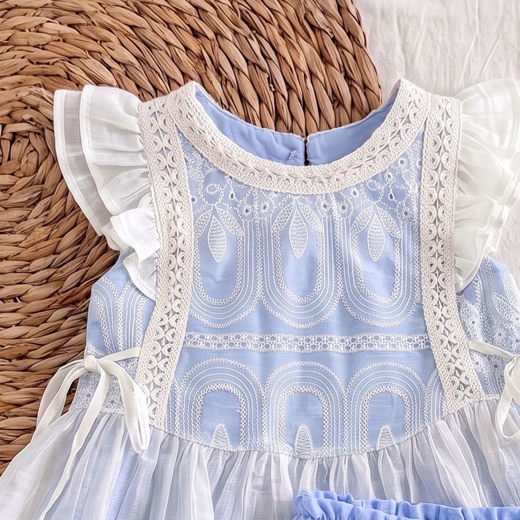 Girls Light Blue Flutter Sleeve Self-Design Top With Shorts Sets 2 pc. Sets