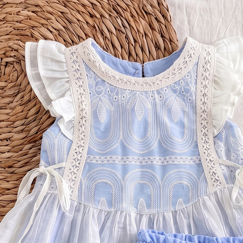Girls Light Blue Flutter Sleeve Self-Design Top With Shorts Sets 2 pc. Sets