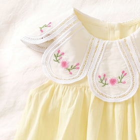 Girls Light Yellow Floral Embroidered Sleeveless A-Line Dress Casual Dresses