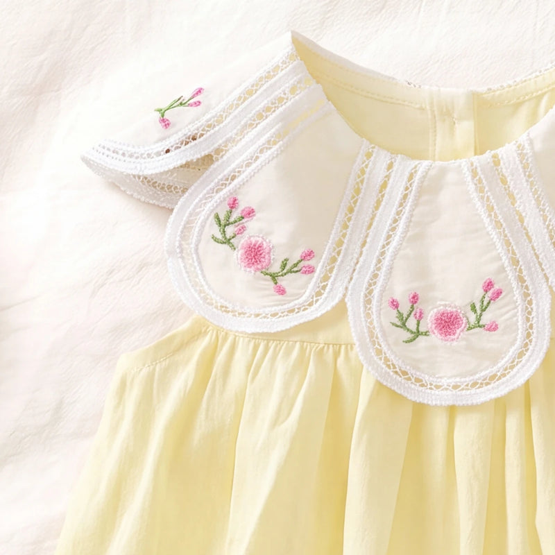 Girls Light Yellow Floral Embroidered Sleeveless A-Line Dress Casual Dresses