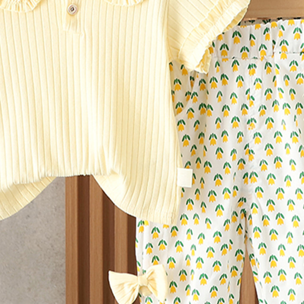 Girls Yellow Self Striped Knitted Top With Printed Pants Set 2 pc. Sets