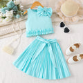 Girls Turquoise Blue Bow Applique Sleeveless Top With Pleated Skirt Sets 2 pc. Sets Turquoise Blue 2-3 Y