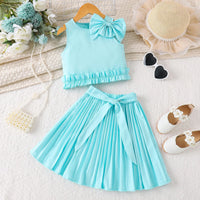 Girls Turquoise Blue Bow Applique Sleeveless Top With Pleated Skirt Sets 2 pc. Sets Turquoise Blue 2-3 Y