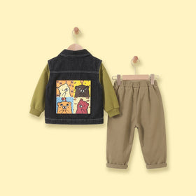 Boys Dark Grey Denim Graphic Sleeveless Jacket With Sweatshirt& Pants Sets Sets