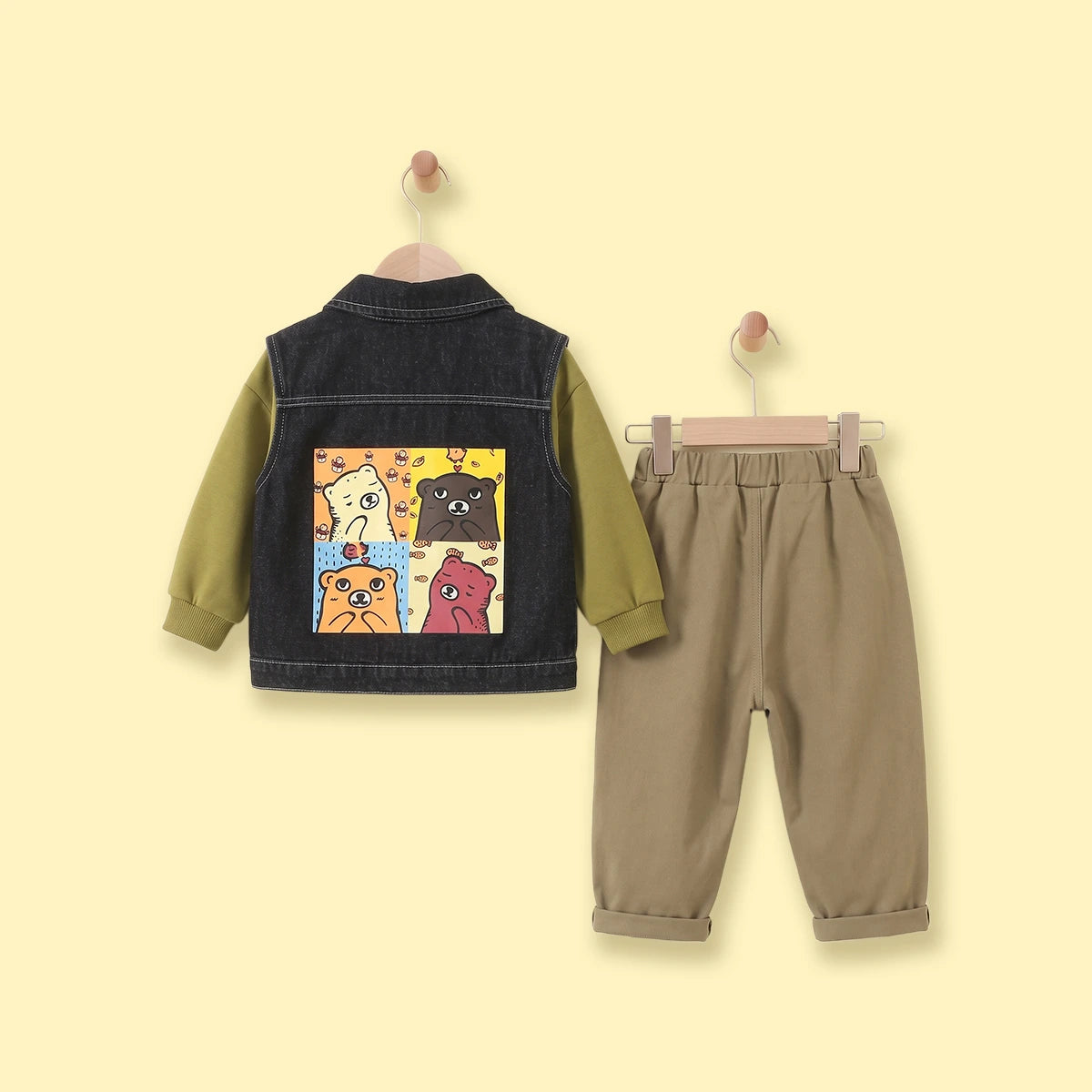 Boys Dark Grey Denim Graphic Sleeveless Jacket With Sweatshirt& Pants Sets Sets
