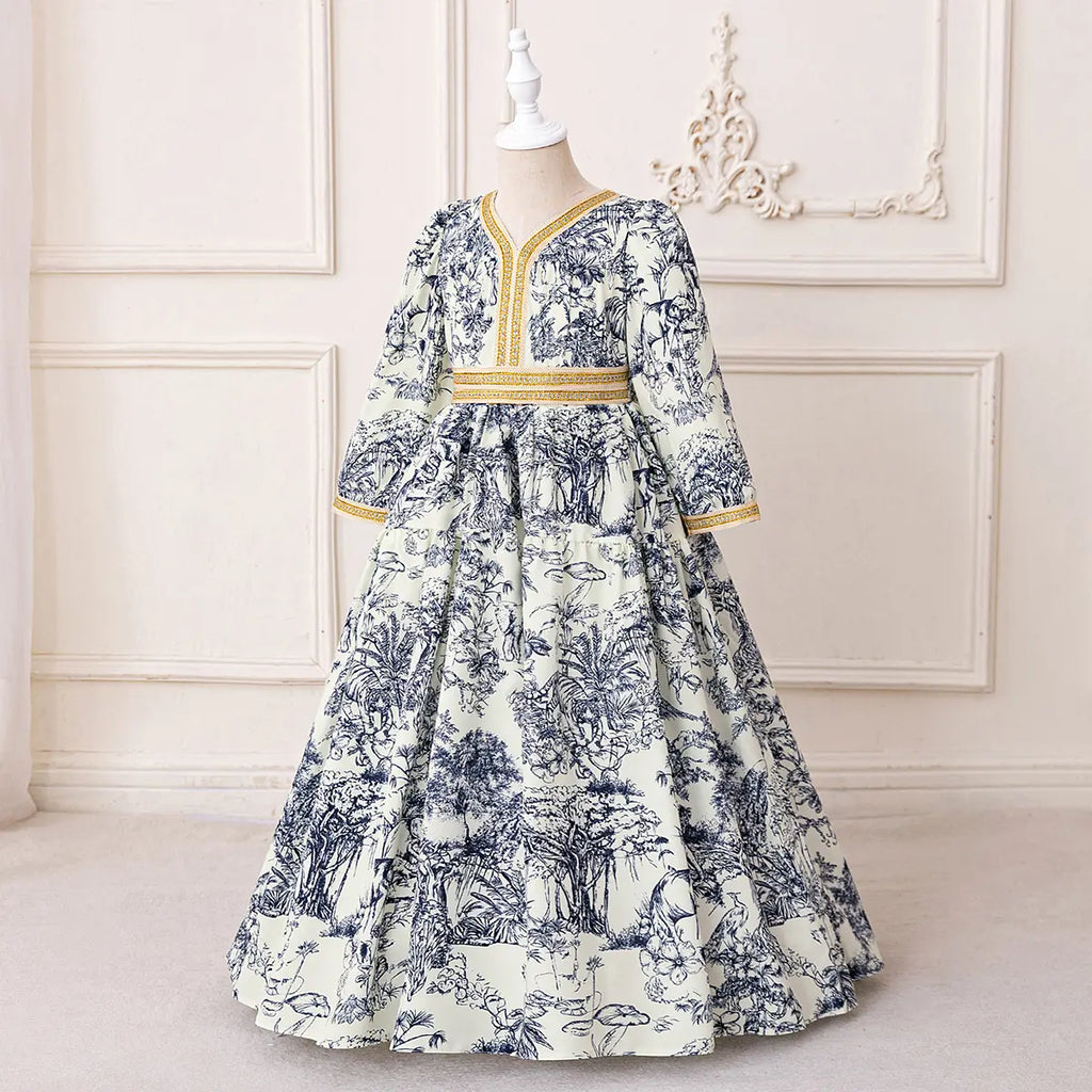 Girls Blue Tropical Printed Fit & Flare Dress With Long Sleeves Casual Dresses