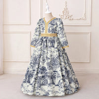 Girls Blue Tropical Printed Fit & Flare Dress With Long Sleeves Casual Dresses