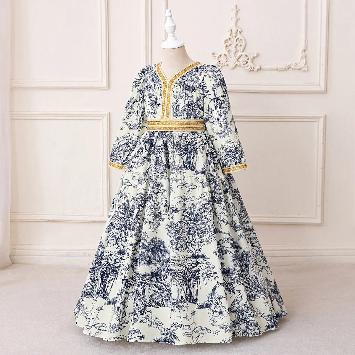 Girls Blue Tropical Printed Fit & Flare Dress With Long Sleeves Casual Dresses