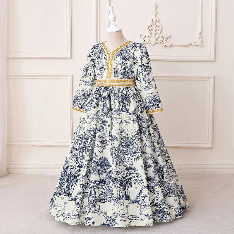 Girls Blue Tropical Printed Fit & Flare Dress With Long Sleeves Casual Dresses