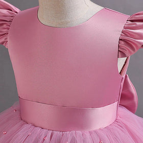 Girls Pink Pearl-Embellished Flutter Sleeve Party Wear Dress Party Dresses