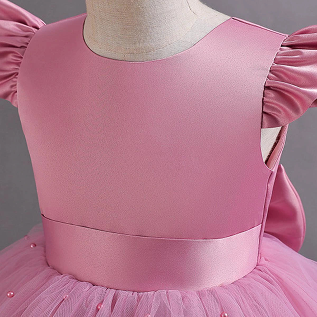 Girls Pink Pearl-Embellished Flutter Sleeve Party Wear Dress Party Dresses