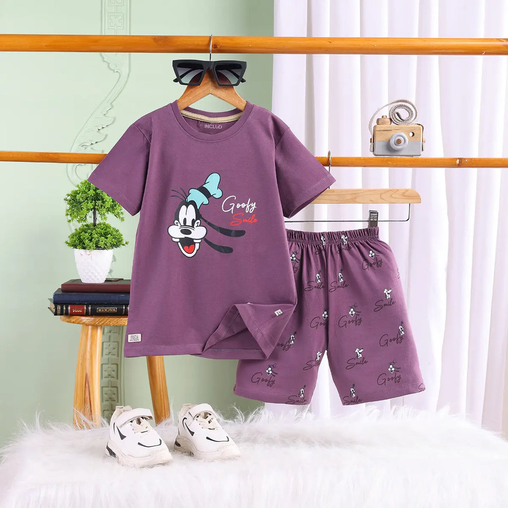 Boys Lavender Goofy Print T-Shirt With Shorts Sets Sets Lavender 1-2 Y