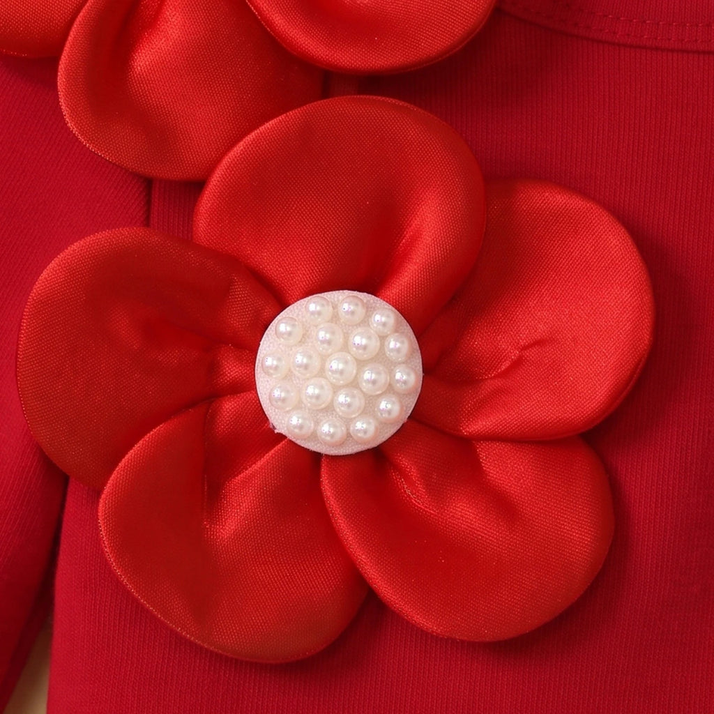 Girls Red Floral Applique Fit & Flare Dress Casual Dresses