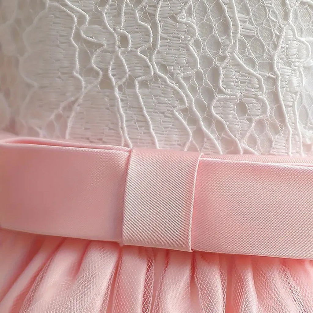 Girls Pink Sleeveless Scalloped Hem Party Wear Dress With Bow Party Dresses