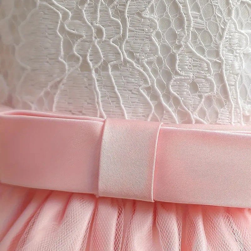 Girls Pink Sleeveless Scalloped Hem Party Wear Dress With Bow Party Dresses