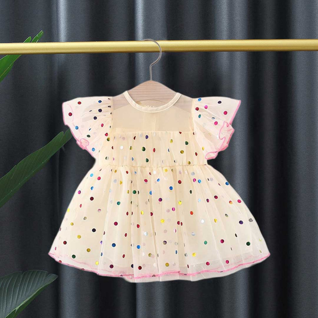 Girls Foil Polka Dot Print Fit & Flare Casual Dress Casual Dresses Beige 1-2 Y 