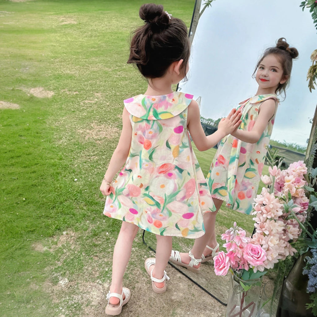 Girls Multicolour Floral Print Sleeveless Peter Pan collar A-Line Dress Casual Dresses