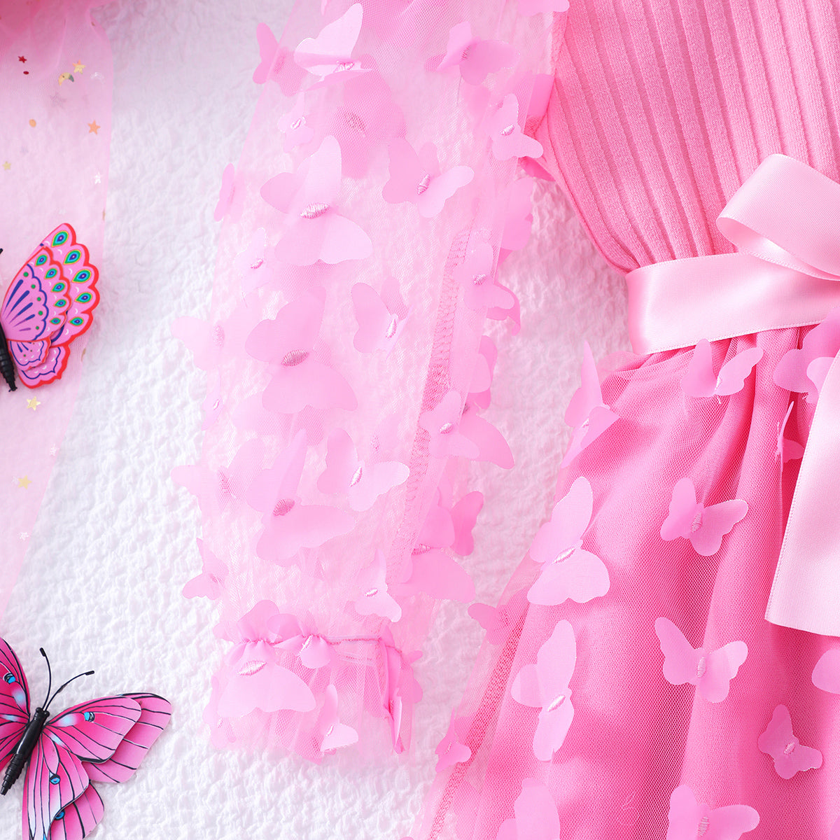 Girls Pink Butterfly Applique Tulle Overlay Fit & Flare Casual Dress Casual Dresses