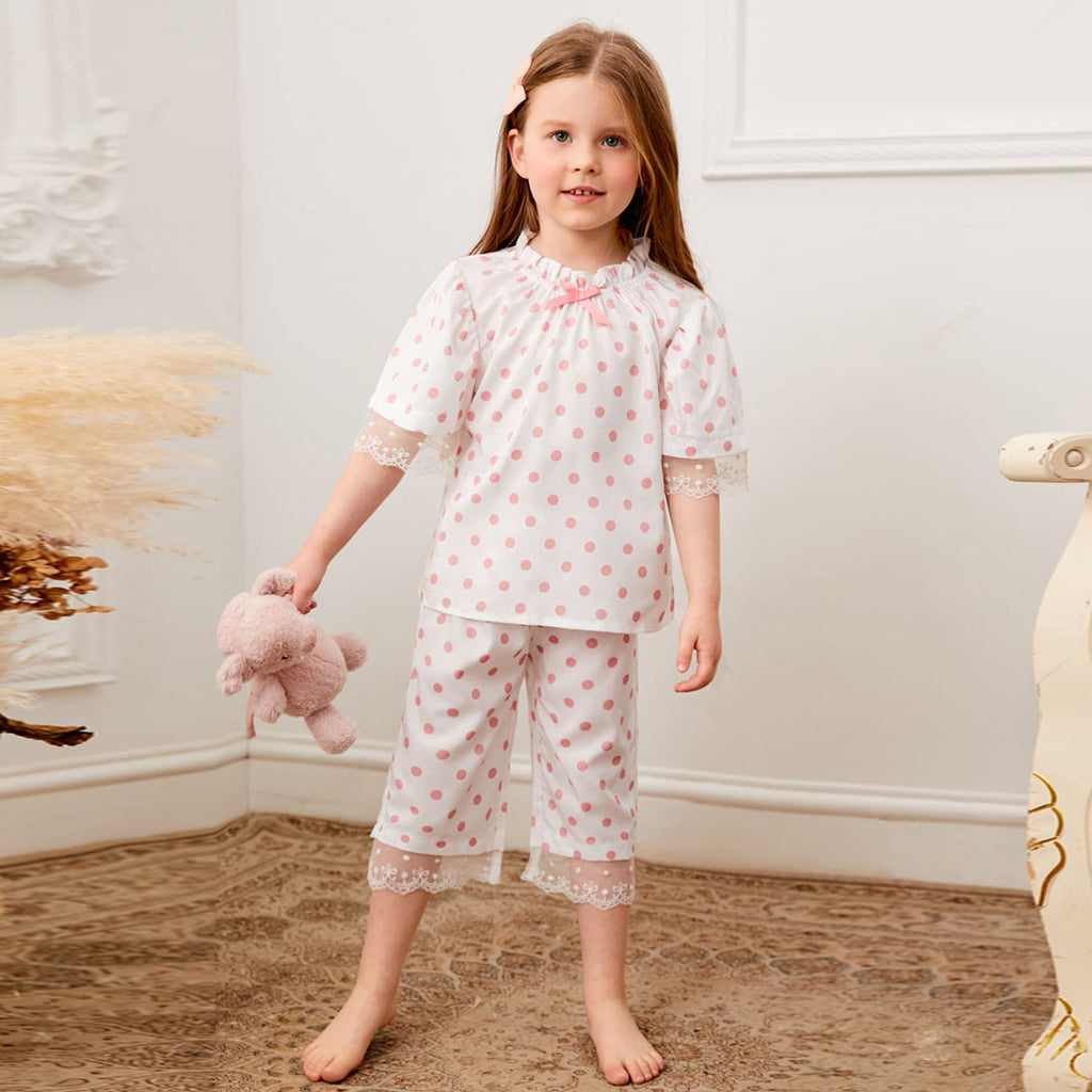 Girls White Polka Dot Print Top with Capris Nightsuit Set Sleepwear Sets White 3-4 Y