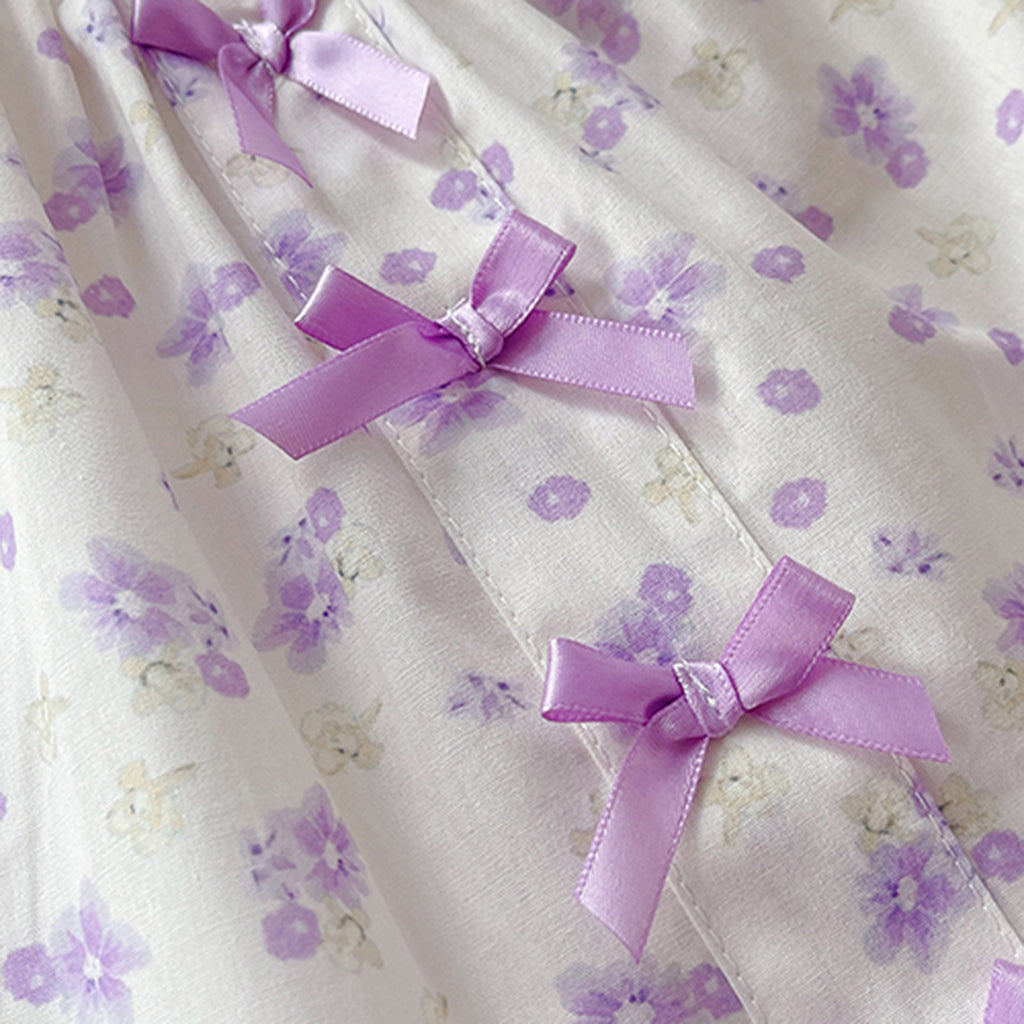 Girls Purple Floral Printed Bow Appliqued Top With Pants Sets Sets