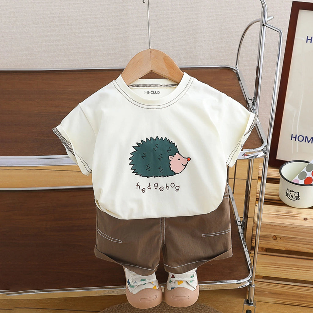 Boys Beige Hedgehog Graphic Printed Short Sleeve T-Shirt With Shorts Sets 2 pc. Sets Beige 1-2 Y
