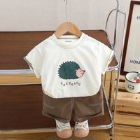 Boys Beige Hedgehog Graphic Printed Short Sleeve T-Shirt With Shorts Sets 2 pc. Sets Beige 1-2 Y