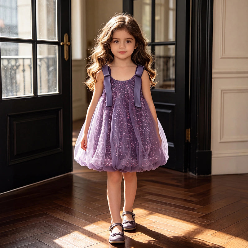 Girls Purple Sleeveless Sequins Embellished Balloon Dress Casual Dresses