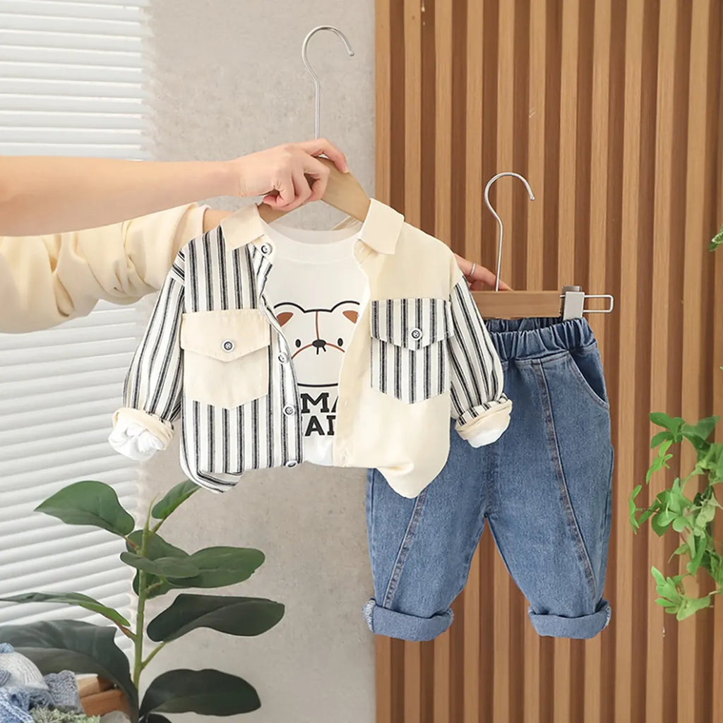Boys Black Stripe Long Sleeve Shirt with T-shirt & Denims Set Sets Black 1-2 Y