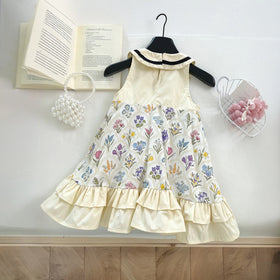 Girls Cream Floral Print Peter Pan Collar Ruffle A-line Dress Casual Dresses
