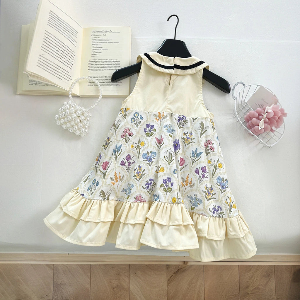 Girls Cream Floral Print Peter Pan Collar Ruffle A-line Dress Casual Dresses