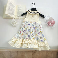 Girls Cream Floral Print Peter Pan Collar Ruffle A-line Dress Casual Dresses
