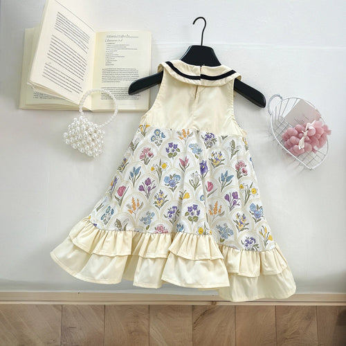 Girls Cream Floral Print Peter Pan Collar Ruffle A-line Dress Casual Dresses