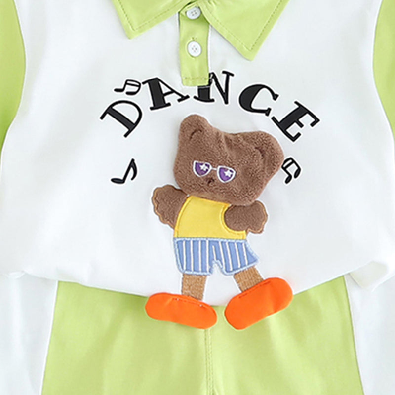 Boys Green Cat Applique Color-blocked Polo T-Shirt With Shorts Set 2 pc. Sets