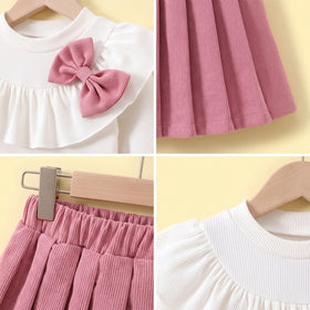 Girls Pink Bow Applique Long Sleeve Top with Skirt Sets 2 pc. Sets