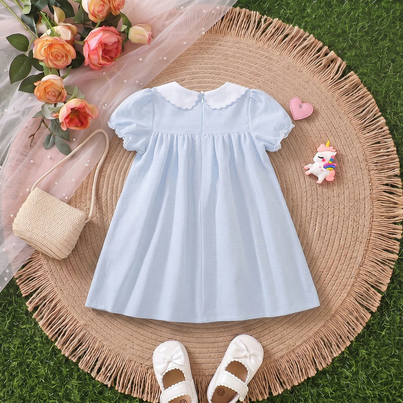 Girls Light Blue Puff Sleeve Pin Stripe Dress Casual Dresses