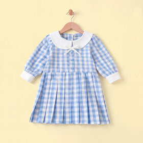 Girls Blue Checked Long Sleeve A-line Dress Casual Dresses Blue 1-2 Y