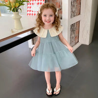 Girls Light Blue Tiered A-Line Dress With Oversized collar Casual Dresses Light Blue 1-2 Y