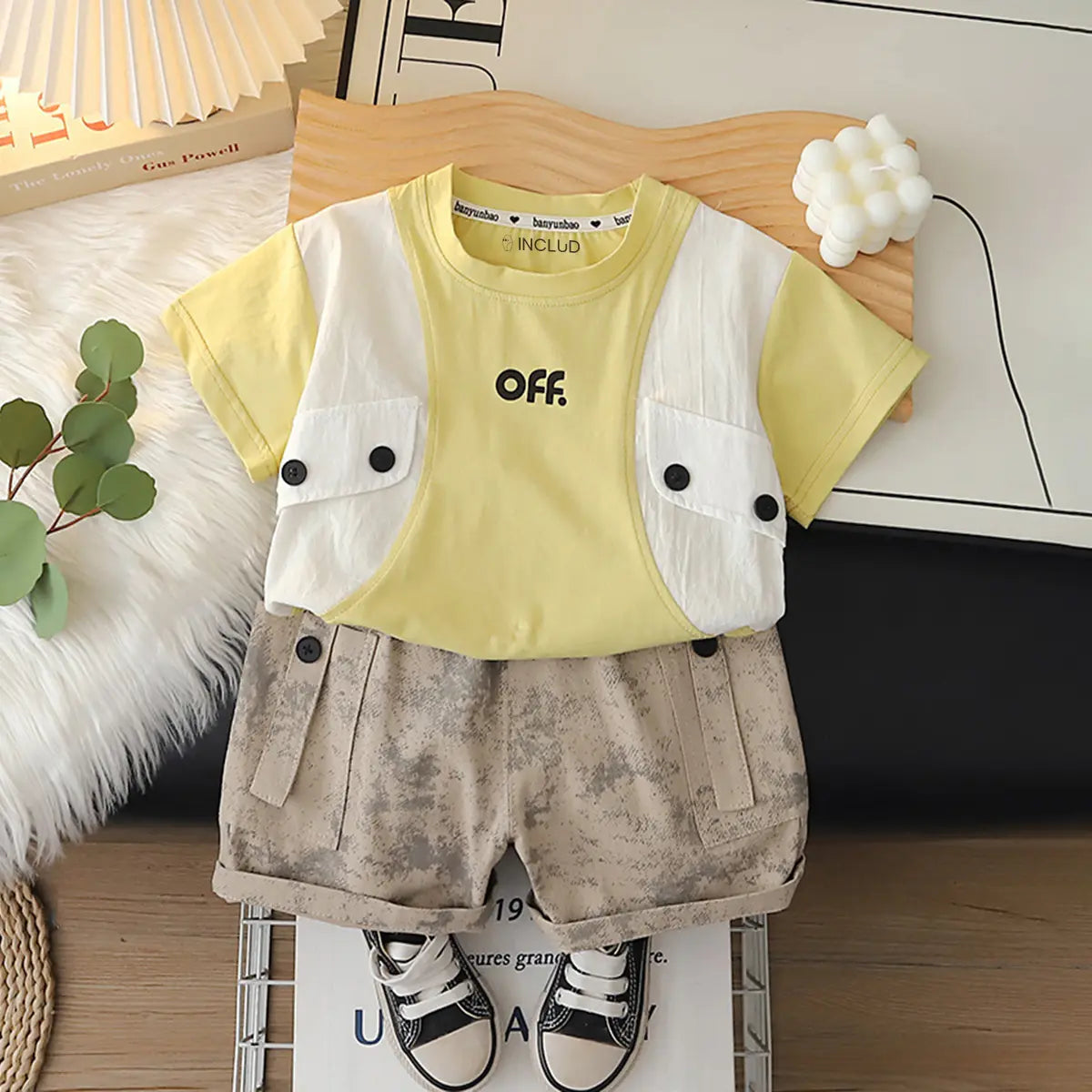Boys Yellow Typographic Printed Short Sleeve T-Shirt With Elasticated Shorts Sets 2 pc. Sets Yellow 1-2 Y