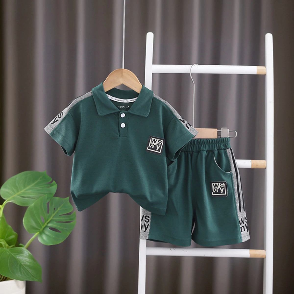 Boys Dark Green Typographic Printed Short Sleeve Polo T-Shirt With Shorts Sets 2 pc. Sets Dark Green 1-2 Y