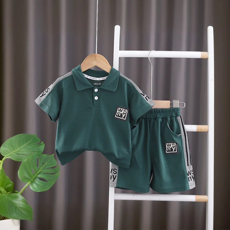 Boys Dark Green Typographic Printed Short Sleeve Polo T-Shirt With Shorts Sets 2 pc. Sets Dark Green 1-2 Y