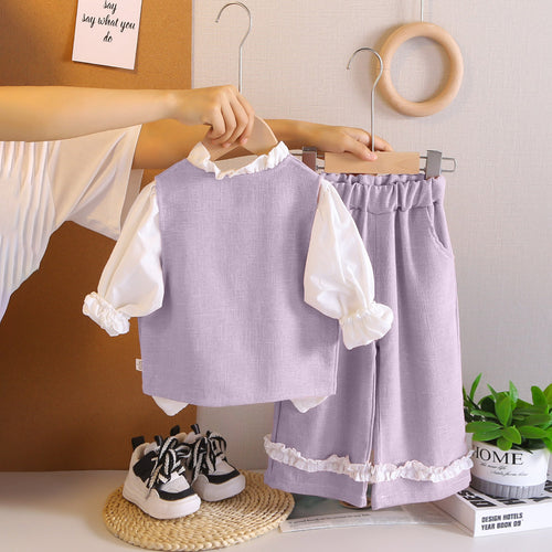Girls Purple Textured Sleeveless Jacket With Top & Pants Set Sets