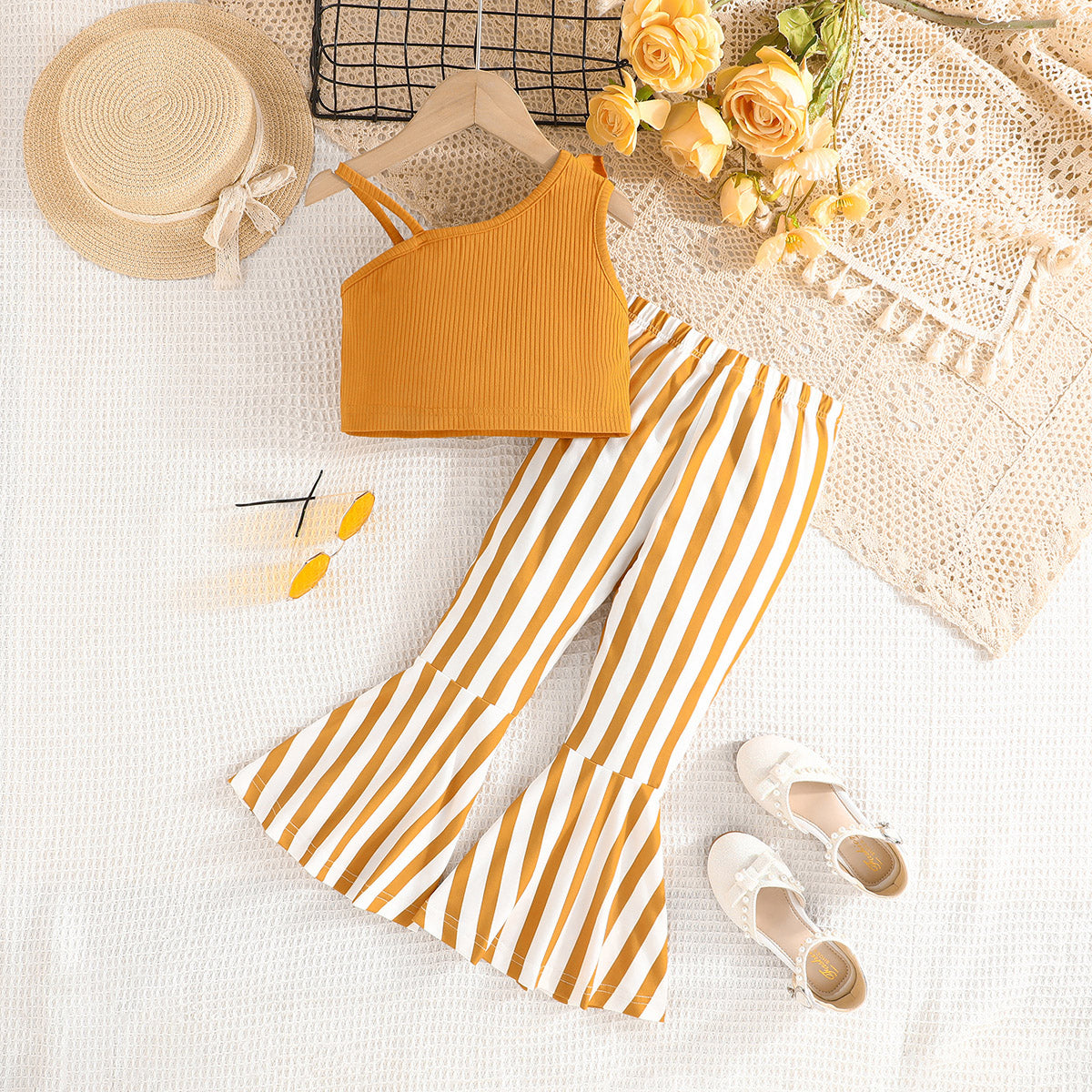 Girls Yellow One Shoulder Crop Top With Striped flared Pants Set 2 pc. Sets