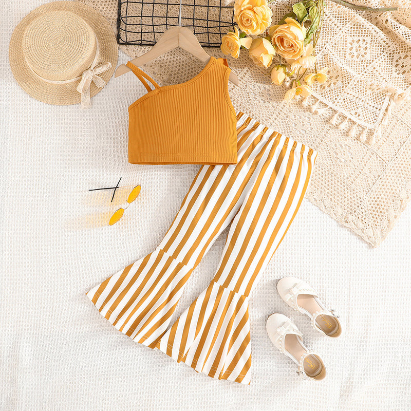 Girls Yellow One Shoulder Crop Top With Striped flared Pants Set 2 pc. Sets